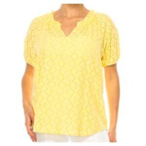 Grand And Greene Women’s Size Small Yellow Eyelet Blouse Rayon Puff Sleeve Top